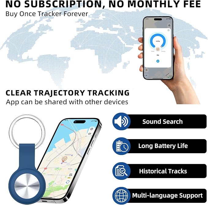 Tracker for Pets and Vehicles, Smart Dog and Cat Tracker Fits with iOS & Android, Real-Time Tracking & No SIM Card, No Subscription, Portable& Long Battery Life Locator