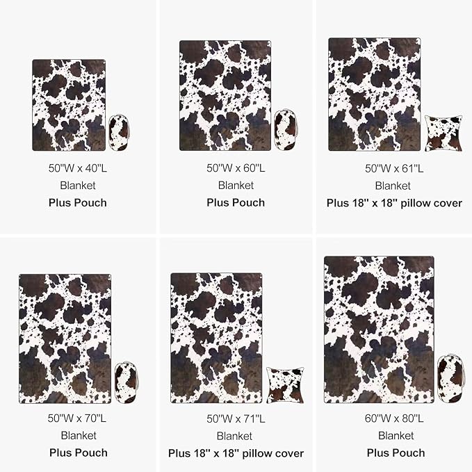 Bnuitland Brown Cow Print Flannel Throw Blanket (60x80 Inches) with Storage Pouch,300 GSM Double Sided Twin Size Bed Fleece Blanket, Super Soft Cozy Outdoor Lap Throw, Lightweight Fuzzy Home Decor