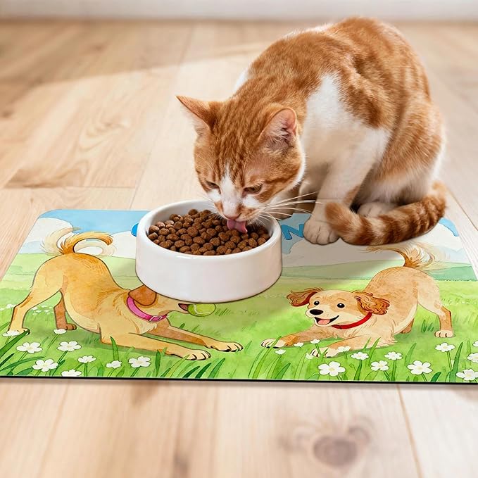 Dog Food Mat for Floors Absorbent, Pet Food Mat, Dogs Greetings Quick Dry Dog Bowl Mats for Food and Water, Non-Slip Cat Pet Feeding Mats for Floor Placemats 12"x20"