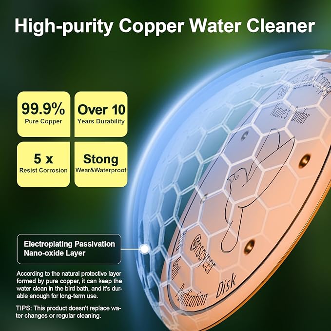 2-Pack Upgraded Bird Bath Copper Disks, 0.8mm Reinforced 99.99% Pure Copper Cleaning Disks, 4-Point Support&Concave Base for Physical Safe Clean Water, Outdoor All-Season Fit Birdbaths&Bowls
