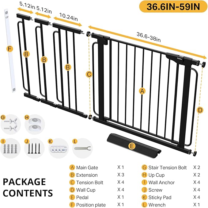 Cumbor 36.6-59" Extra Wide Baby Gate for Stairs, Pressure Mounted Dog Gate for Doorways, Auto-Close Easy Walk Through Safety Child Gate for Kids Toddler, Tall Pet Gates Indoor, Black