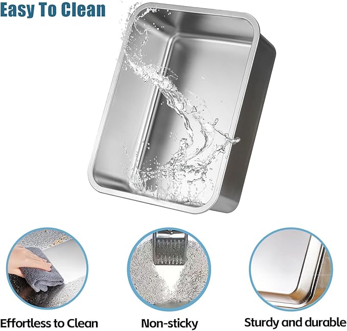 Stainless Steel Cat Litter Box, Metal High Sided Kitty Large Litter Box Pan,Non-Sticky, Easy to Clean, Pet Toilet Supplies for Kitten, Rabbit (Silver, 17.7" x13.8" x6")