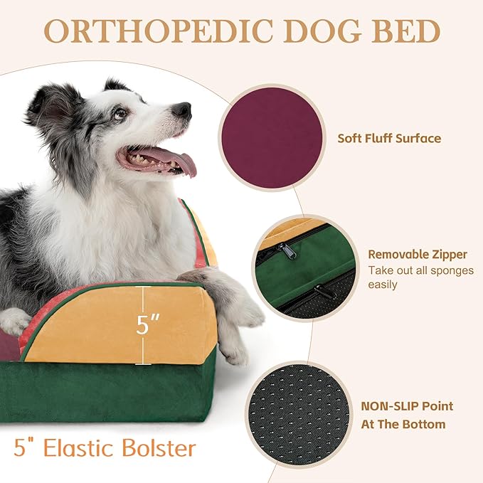Comfort Expression Orthopedic Dog Bed for Extra Large Dogs 42x30 Inch, Waterproof Egg Crate Foam XL Pet Bed with Removable Bolsters, Dog Couch with Washable Cover & Non-Slip Bottom, Watermelon Meadow