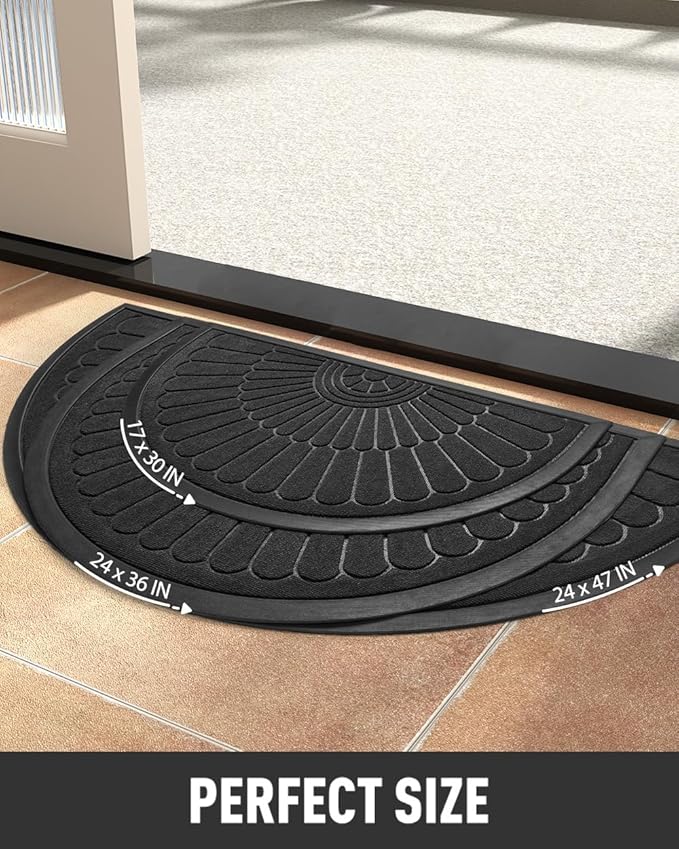 tchdio Door Mat Outdoor Indoor Entrance Doormat-Semicircular Durable Rubber Non Slip Front Door Mat for Outside Inside Entry Entryway Dirt Trapper WelcomeMat for Muddy Paws and Shoes-Black 17”x30”