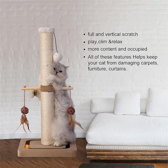 PEEKAB Cat Scratching Post Sisal Scratch Posts for Indoor Kittens and Cats,with Interactive Tracking Toys Suitable for Vertical Scratcher of Small and Medium-Sized Cats 25 Inches Beige