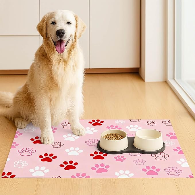 Puppy Paw Print Pet Feeding Mat 24x16 Inch Cute Pet Feeding Area Mat Pet Food Mat Pet Mats for Food and Water Dog Mat for Food and Water Indoor Feeding Corner Kitchen Floor Decor