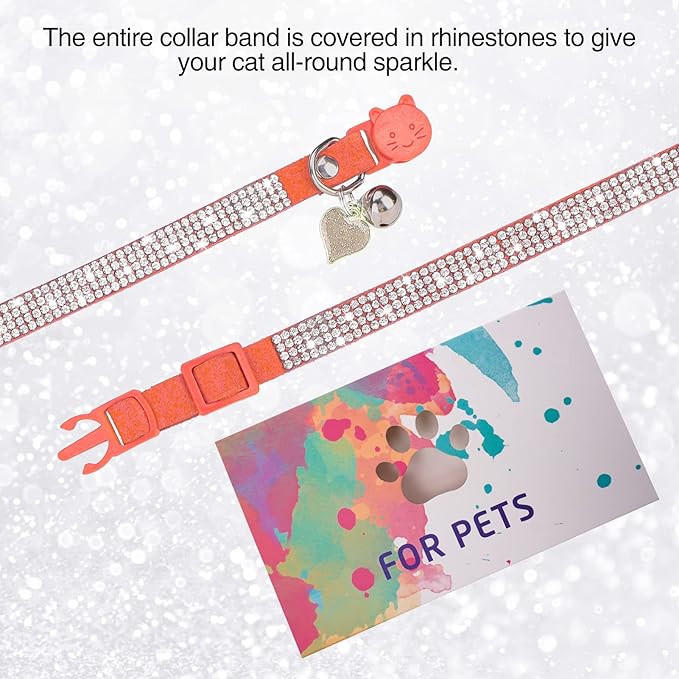 Rhinestone Cat Collar Breakaway with Bell, Diamond Cat Collar with Safety Buckle Quick Release for Girl Boy Small Kitten Pets Puppy,Cute Soft Female Male Cat Collars, Color Orange 8-12"