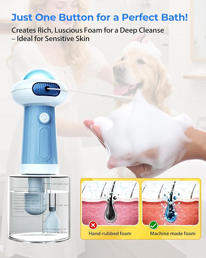 Upgrade Waterproof Electric Dog Shower with Automatic Soap Dispenser, Magnetic Charging Shampoo Frother, and Bubble Machine for Pets - Blue