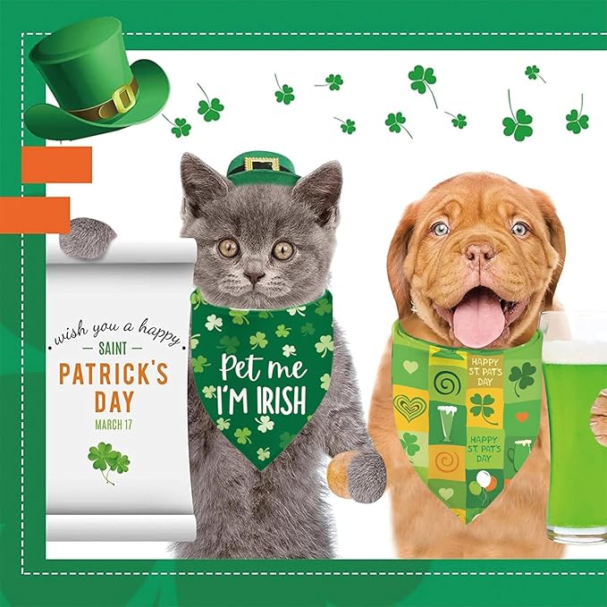 St Patricks Day Dog Bandanas - Lucky Shamrock Puppy Scarf - 2 Pcs Adjustable Triangle Double Layer Reversible Pet Bandanas for Small Medium Large Dogs