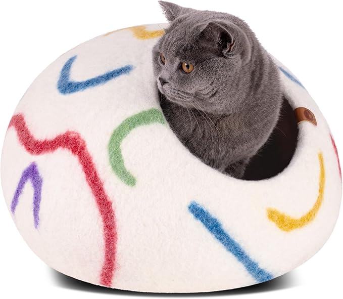 MEOWFIA Cat Cave – Premium Felt Cat Bed for Indoor Cats, Handmade Merino Wool (Ivory Rainbow, Medium)