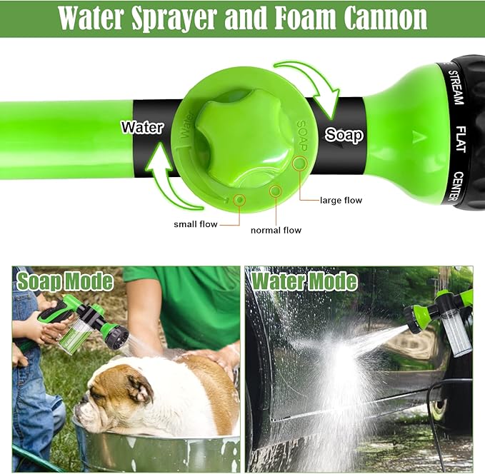 Dog Wash Sprayer Outdoor, 8-in-1 Dog Sprayer Hose Attachment with Massage Brush and Pet Grooming Comb, 3/4 Inch Standard Garden Hose Nozzle for Watering Flowers, Car Washing, Pet Bathing(Green)