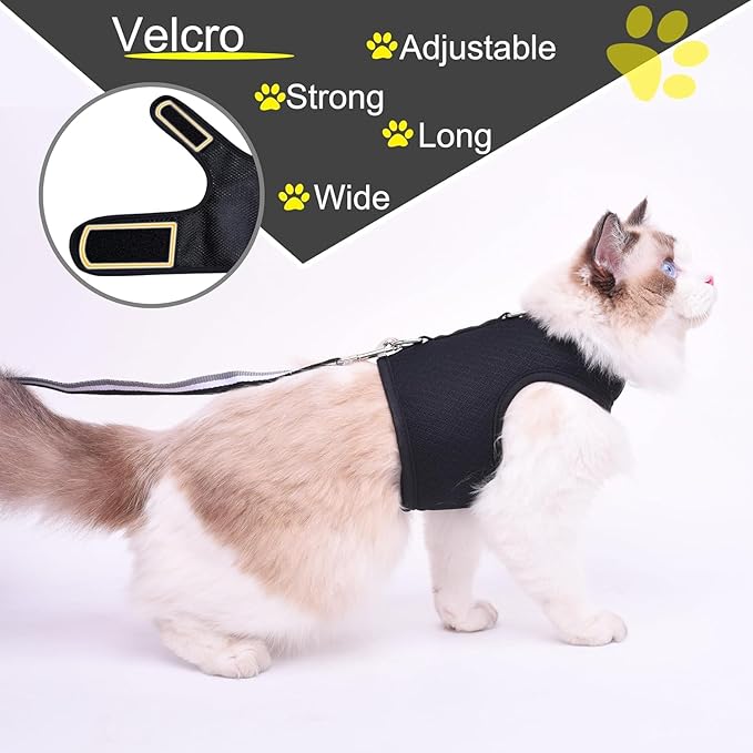 Cat Harness and Leash for Walking Escape Proof Breathable Mesh Fabric, Solid Black, Medium, Adjustable Cat Walking Jackets, Padded Stylish Cat Vest