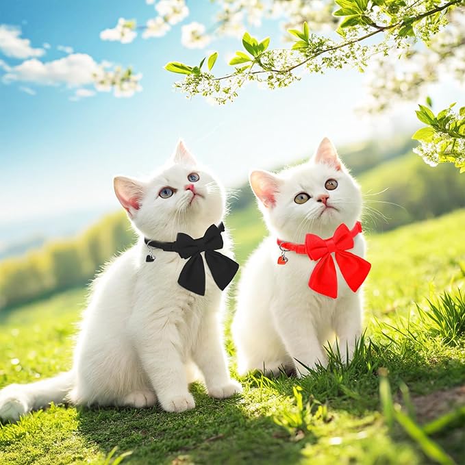 Cat Collar Breakaway with Bells, Soft Pure Cotton Bowtie Collar for Girl Boy Cats, 2 Pack Cute Personalized Small Kitten Collars with Bow for Weddings Parties, Red and Black, 8-12 Inch