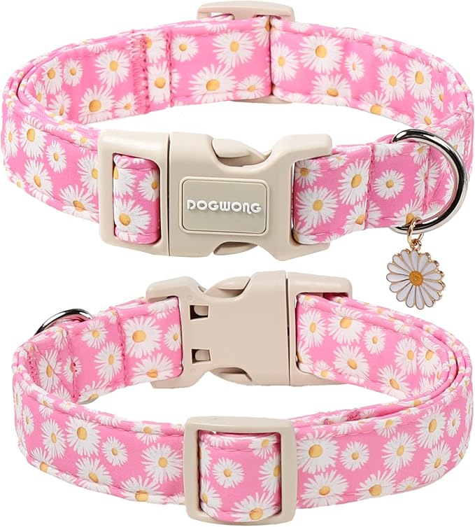 DOGWONG Flower Dog Collar-Daisy Flower Print Girl Dog Collar for Large Cute Dog Collars Spring Female Pet Gift Adjustable Heavy-Duty Soft Collar，L