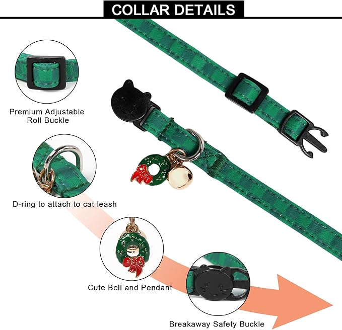 Lionet Paws 2pcs Pack Christmas Cat Collarr,Christmas Red Plaid & Green Plaid Cat Kitten Collars with Breakaway Buckle,Ideal for Boy Cats