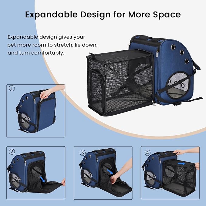 Expandable Pet Carrier Backpack for Cats, Dogs and Small Animals, Portable Pet Travel Carrier, Super Ventilated Design, Airline Approved, Ideal for Traveling/Hiking/Camping, Blue