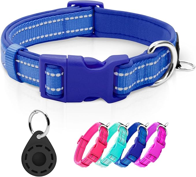 azuza Reflective Dog Collar with Airtag Holder, Soft Neoprene Padded Pet Collar with ID Tag Ring, Adjustable for Small Dogs,Royal Blue,S