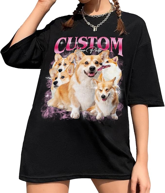IZI POD Custom Dog Shirt for Women, Personalized Pet Face Photo Shirt, Bootleg Rap Tee Dog Gifts Valentine Birthday Gift