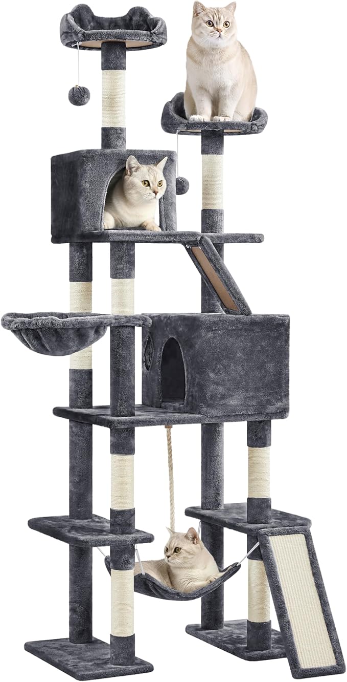 Yaheetech Cat Tree, 82.5in Large Tower w/Hammock, 2 Kitty-Ear Perches, 2 Cozy Condos, Scratching Posts, Basket, Furniture for Large Cats, Kittens, Dark Gray