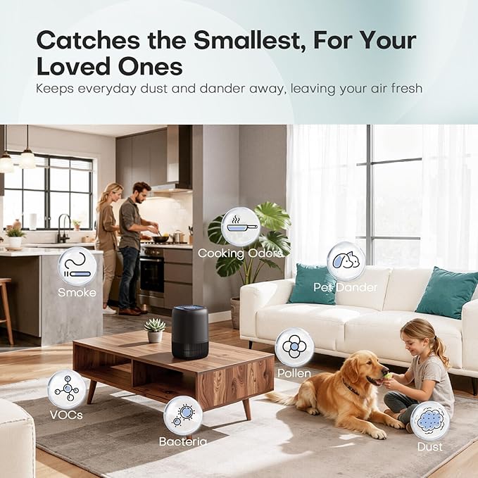 Air Purifiers for Office with H13 Quiet HEPA Filter Up to 1076 Ft² for Pet Family, Pollen, Smoke, Compact Air Cleaner with 3 Speeds, Timer, Aroma Quiet, 360°Intake, for Home Bedroom, Black
