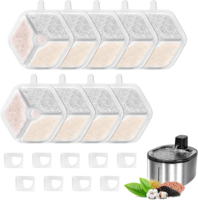 Pet Water Fountain Filters Replacement for 152oz/4.5L Wireless Cat Water Fountain PTM-643, 9+9 Packs Packs Replacement Filters Sponges Sets