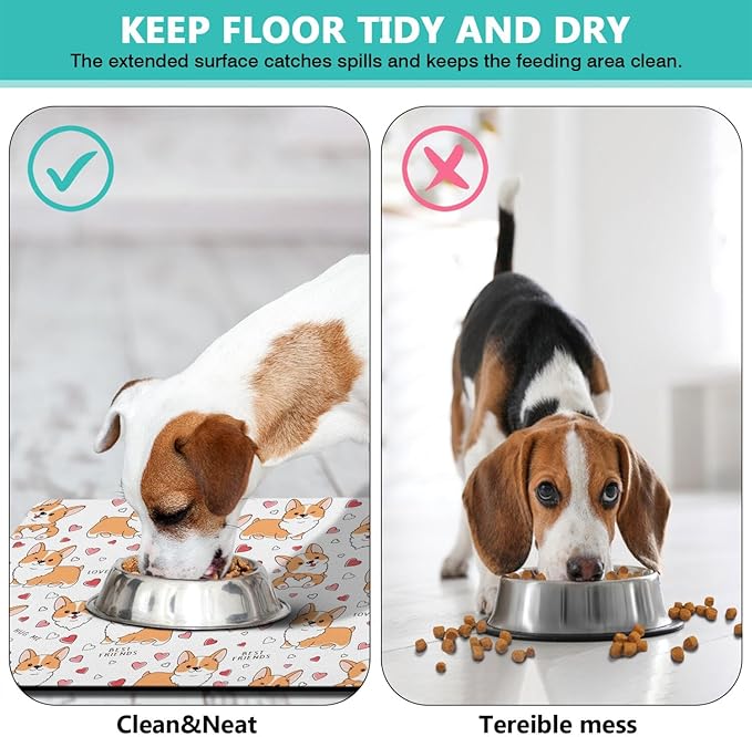 Corgi Dog Food & Water Mat, Pet Feeding Mat for Floor Non-Slip Waterproof, Super Absorbent Cat Bowl Mat, Easy to Clean Eco-Friendly Durable Pet Placemat,16" × 24"