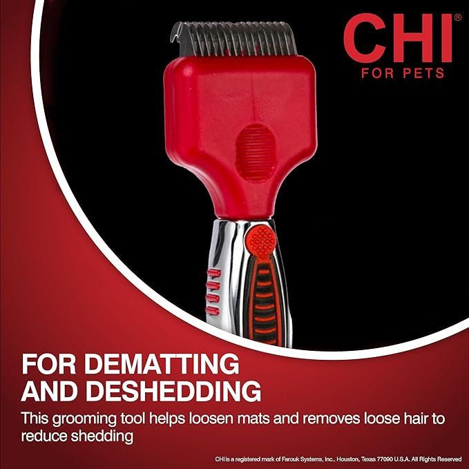 CHI for Dogs Dematting and Deshedding Undercoat Rake, Dog Grooming Tool for Long Hair and Double Coats, Rounded Blade Teeth Help Remove Mats and Loose Undercoat, Detangling Rake for Shedding Control