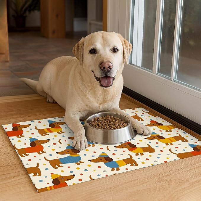 Adorable Dachshund Puppy Pet Food Mat with Colorful Polka Dot Pattern Pet Bowl Mat for Dogs and Cats Non Slip Feeding Mats Easy Clean Fast Dry Cat and Dog Feedings Mats 20" x 12"