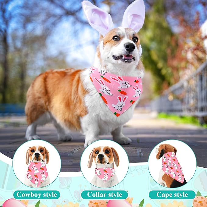 Sanwuta 120 Pcs Easter Dog Bandanas Bulk Rabbits Patterns Bandanas for Dogs Easter Eggs Adjustable Washable Pet Triangle Scarf for Small and Medium Dogs, 30 Styles