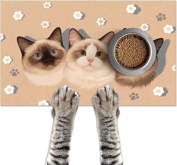 Cat Feedings Mats 20x12 inch Cute Cat Print Pet Bowl Placemat Non Slip Mat for Cats Food and Water Indoor Cats Feeding Station Pet Meal Mat for Small Pets Kitchen Floor Use