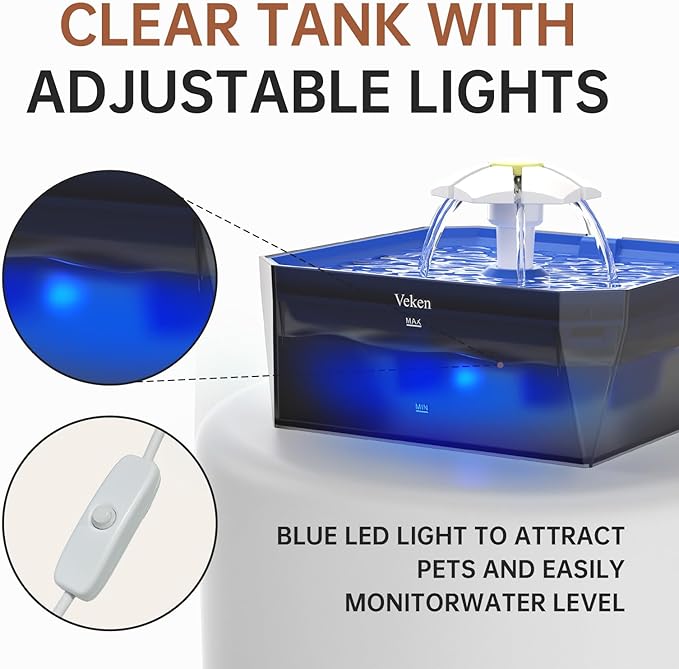 Veken Award-Winning Small Pet-Friendly Cat Water Fountain with Quiet Pump, Easy to Clean & Assemble, 50oz Mini Pet Water Dispenser Gifts for Cats, Dogs and Small Animals, Blue