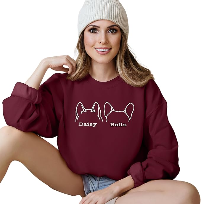 Custom Dog Mom Shirt for Women Pet Ears Sweatshirt with Name Unique Puppy Line Art Cute Dad Hoodie for DogDad Owner Lover