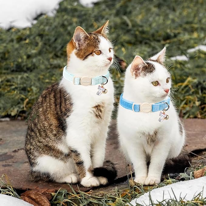 ARING PET 2 Pack Cat Collar-Cute Cotton Cat Collar with Bell & Pendant, Adjustable Blue Green Kitten Collars with Safety Buckle for Girl and Boy Pets