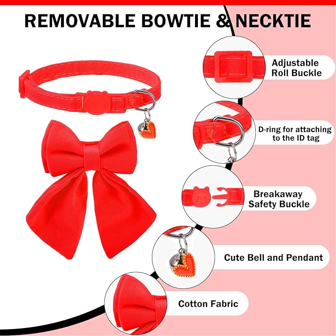 Cat Collar Breakaway with Bells, Soft Pure Cotton Bowtie Collar for Girl Boy Cats, 2 Pack Cute Personalized Small Kitten Collars with Bow for Weddings Parties, Red and Black, 8-12 Inch
