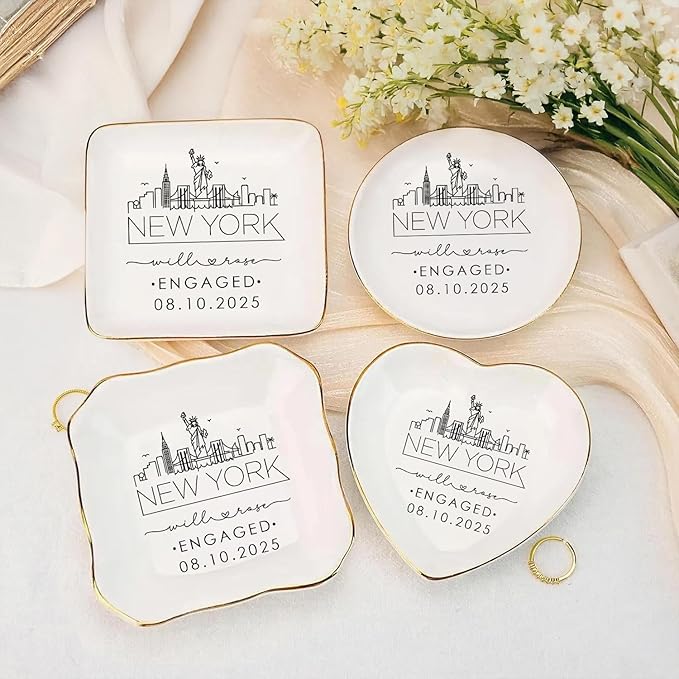 Custom City Skyline Engaged Ring Dish, Engagement Ring Holder, Custom Wedding Jewelry Dish, Jewelry Tray Gifts for Newly Engaged Couple, Trinket Dish Gift for Her Bride Wife