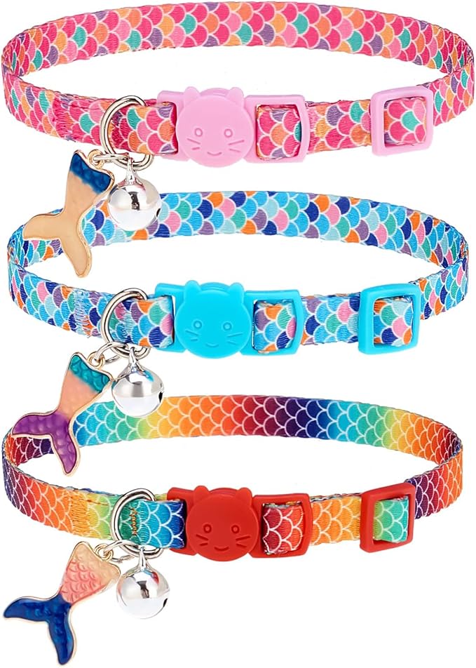 PUPTECK Cat Collars Breakaway with Bell - Summer Fish Scale Pattern Pet Collar 3 Pack for Kittens Puppies and Small Pets