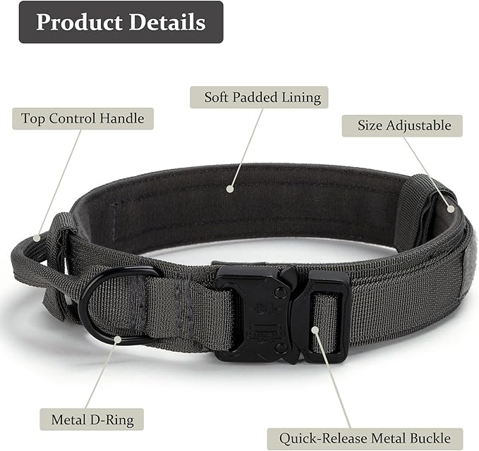 Tactical Dog Collar, Adjustable Military Training Nylon Dog Collar with Control Handle and Heavy Quick-Release Metal Buckle for Small Medium Large Dogs, Grey XL