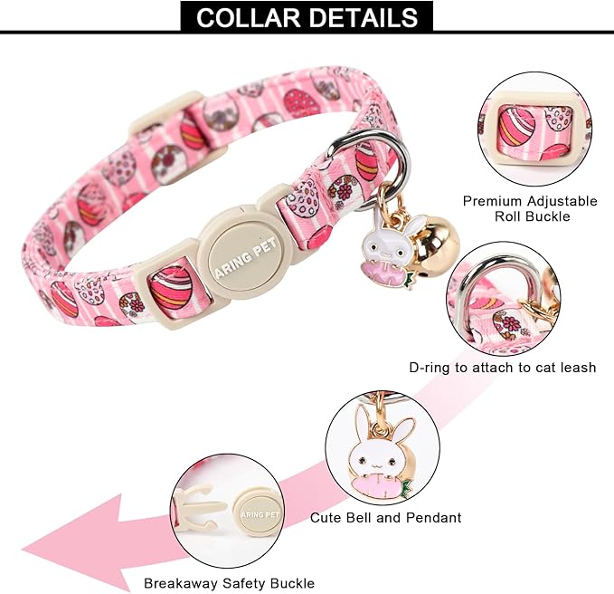 ARING PET 2 Pack Easter Cat Collars-Cute Easter Eggs Cat Collar Breakaway with Bell&Pendant, Adjustable Pink Chick Kitten Collars with Safety Buckle for Girl&Boy Cats