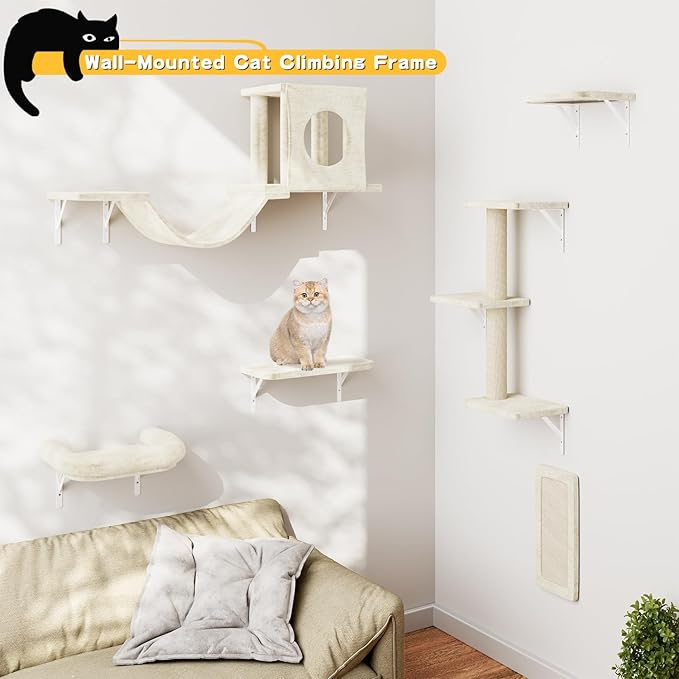 6-in-1 Cat Wall Shelves, Wooden Climbing Wall with Scratching Post, Wall Mounted Cat Furniture for Climbers, Space-Saving Cat Wall for Play & Rest, Drywall & Solid Walls