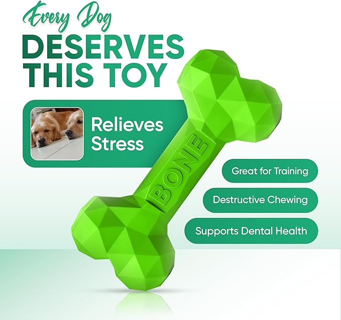 Natural Rubber Dog Chew Bone – Treat-Dispensing, Tough & Indestructible Chew Toy – Safe for Aggressive Chewers – Dental Health & Boredom Relief (Green)