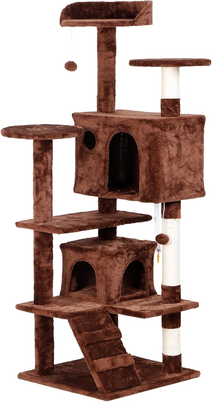 54-Inch Cat Tree for Large Cats, Sturdy Multi-Level Cat Tower with 2 Condos, Hanging Ball and Sisal Scratching Posts, Durable Cat Furniture for Indoor Cats (Brown)