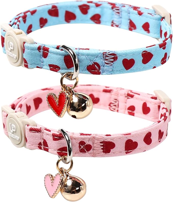 Cat Collar, 2Pack Valentine's Day Cat Collars-Cute Breakaway Cat Collar with Bell & Pendant, Sweet Heart Kitten Collars Pink Hearts with Safety Buckle for Girl and Boy Cats, 7-12Inch