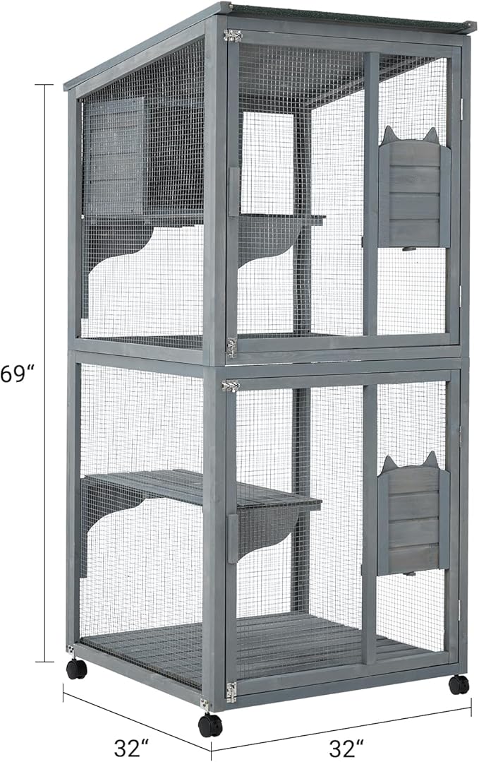 69-Inch Catio, Wooden Cat Enclosure, 4-Tier Cat House w/Waterproof Roof, Removable Tray, Nesting Box and Lockable Caster, Indoor and Outdoor Use, Easy to Clean, Multiple Accesses, Grey