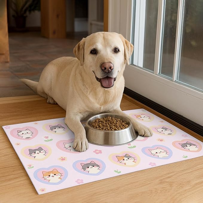 Cat Feedings Mats 20x12 inch Pink Heart Kitten Print Pet Bowl Placemat Non Slip Mat for Cats Food and Water Indoor Kitty Feeding Station Cute Cats Meal Mat for Small Pets Kitchen Floor Use