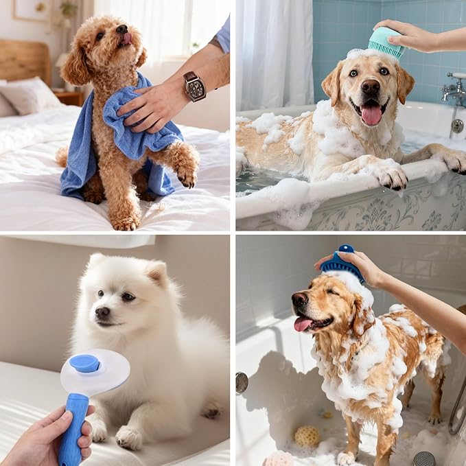 PAWCHIE Bath Grooming Kit for Pets, 9 PCS Hair Brush Set with Towel,Washing Gloves,Bath Brush and Adjustable Handle Shampoo Brush & Scrubber for Short Long Haired Dogs and Cats,Dog Bath Supplies,Blue