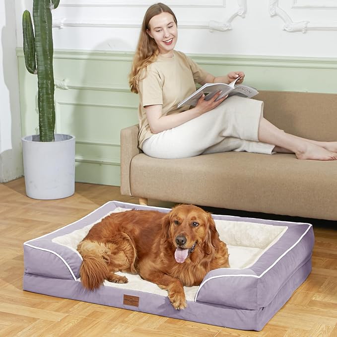 Comfort Expression Orthopedic Dog Bed for Medium Dogs 30x20 Inch, Waterproof Supportive Egg Crate Foam Medium Pet Bed with Removable Bolsters, Dog Couch with Washable Cover & Non-Slip Bottom, Purple