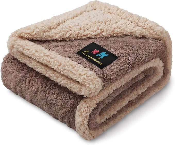 Luciphia Waterproof Pet Blanket, Liquid Pee Proof Dog Blankets for Sofa Bed Couch, Reversible Sherpa Fleece Furniture Protector Cover for Small Medium Large Dogs Cats,Khaki Medium（57" x 40"）