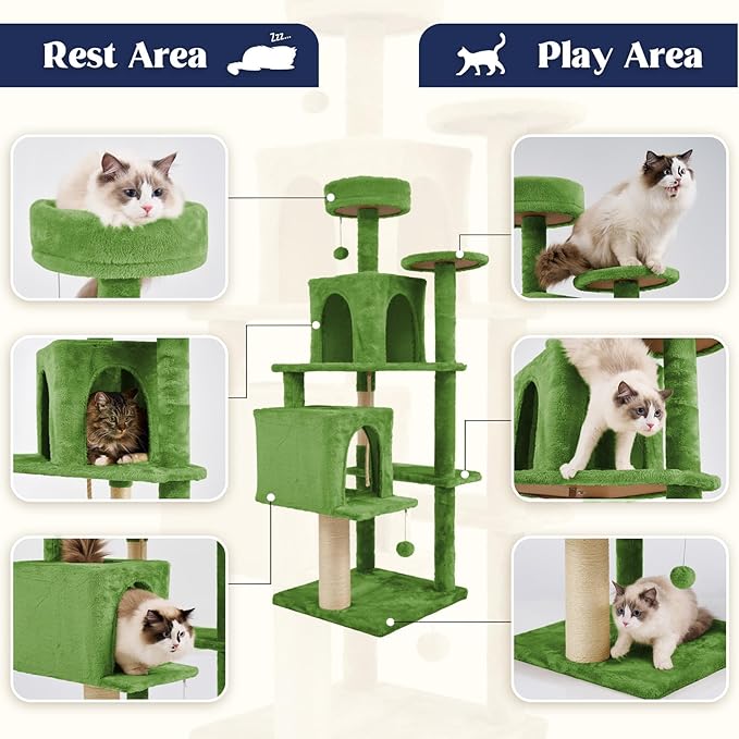 58.5inch Large Cat Tree Tower Condo for Indoor Cats, Soft Plush Multi-Level Climbing Tree Cat House with 1 360° Rotating Cat Cave, Scratching Post, More Entrance/Exit, Sisal Rope, Green