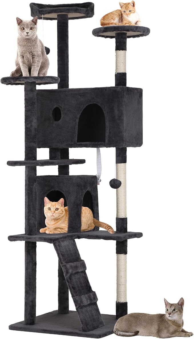 70 Inch Dark Gray Cat Tree, Tall Cat Tower with 2 Condos, 3 Scratching Posts, Multi-Level Platforms - Sturdy Climbing Structure Tall Cat Tower for Indoor Cats