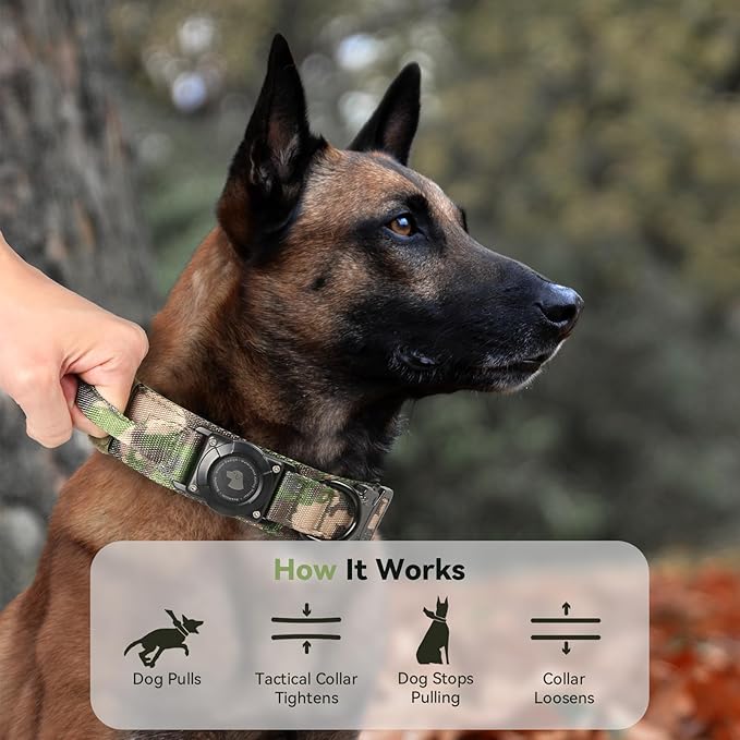 2026 Upgrade Waterproof AirTag Dog Collar, Military Tactical Dog Collar with AirTag Holder, Comfortable Control Handle and Metal Buckle, GPS Dog Collar Holder for Medium to Large Dogs (Camouflage, M)